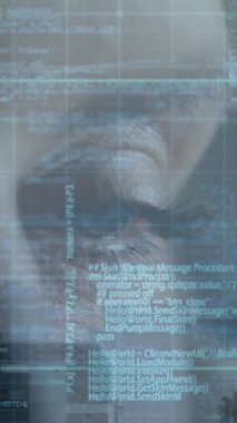 Kadın yüzü ve şehir manzarası üzerindeki istatistiksel veri işleme animasyonu. Küresel finans, bilgisayar arayüzü ve iş veri teknolojisi kavramı dijital olarak oluşturulmuş video.