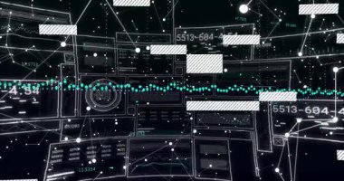 Nokta akışında görünen işaretler çizgili çubukları başlatıyor ağ veri işleme için kaydırıyor. Teknoloji, dijital, soyut, geleceksel, yenilik, bağlantı, siber güvenlik