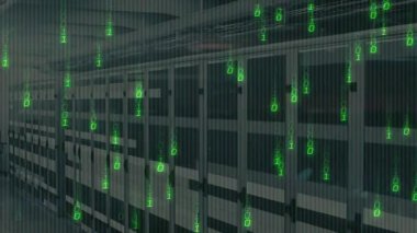 Başlangıçta ikili kod sunucuda üst üste diziliyor kümeleniyor ve görselleştirici veri akışını dağıtıyor. Teknoloji, siber güvenlik, dijital, modern, ağ, altyapı, fütüristik