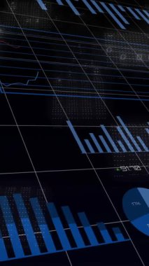 Finansal tablolar ve grafik animasyonları dijital veri şebekesi arka planında. Finans, teknoloji, analiz, ekonomi