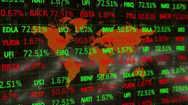 Turuncu dünya haritasının açılışı, yeşil kırmızı yüzdeleri güncelleyen kayan saatleri gösteriyor. Finans, analitik, veri görselleştirme, teknoloji, dijital, fütürizm, yatırım