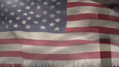 Bayrak direğinde Amerikan bayrağını yakalayan hafif bir esinti çim siluetleri üzerinde dalgalanan kumaşlar gönderiyor. Vatanseverlik, açık hava, hareket, doku, sembolizm, monokrom, doğa