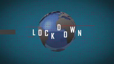 3D kürede kayboluyor, dönüyor ve LOCKDOWN metni monte ediliyor, yörüngedeki uçaklar ile seyahat duraklamalarını gösteriyor. Global, teknoloji, dijital, yenilik, bağlantı, izleme, fütüristik