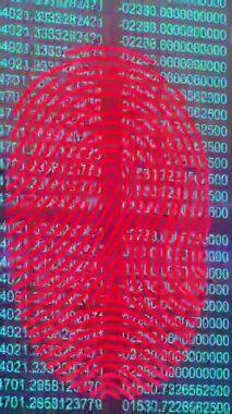 Mavi arka planda biyometrik parmak izi tarayıcı ve veri işleme animasyonu. Siber güvenlik ve iş teknolojisi kavramı