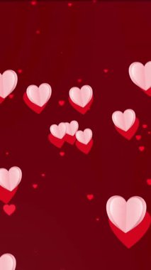 Kırmızı arkaplanda hareket eden beyaz ve kırmızı kalp simgelerinin canlandırması. Sevgililer Günü, aşk ve romantizm konsepti dijital olarak oluşturulmuş video.