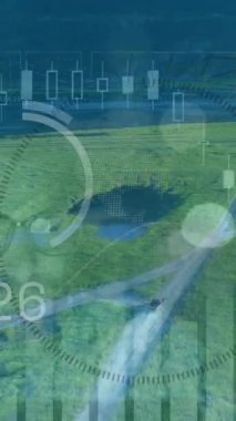 Manzara üzerinde veri işleme animasyonu. küresel iş ve dijital arayüz kavramı dijital olarak oluşturulmuş video.