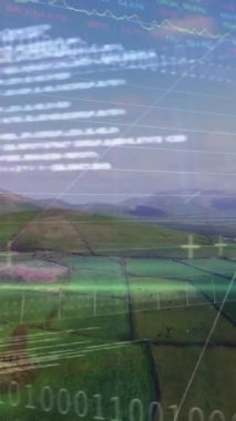 Manzara üzerinde ikili kodlama veri işleme animasyonu. küresel ortam, hesaplama, veri işleme ve dijital arayüz kavramı dijital olarak oluşturulmuş video.