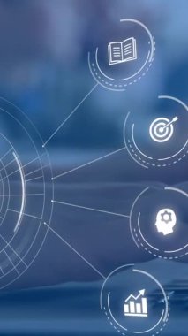 Düşen eğitim simgelerinin dizüstü bilgisayar kullanan kişi üzerinde canlandırılması. Dijital olarak oluşturulan öğrenim ve eğitim konsepti.