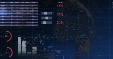 3D globe rotating while table fading and gauges and charts updating to visualize real-time metrics. Data visualization, analytics, digital interface, futuristic, dashboards, information technology