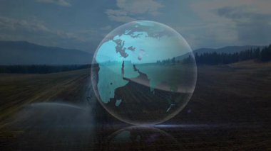 Sol ışık ortaya çıkıyor ve veri akışını gösteren dönen holografik dünyanın etrafında çizgiler oluşturuyor. Futuristik, animasyon, teknoloji, yenilik, dijital, manzara, veri