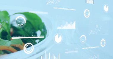 Cam salata kasesi ortaya çıkıyor kameralar zumluyor ve UI animasyonları malzeme bilgilerini gösteriyor. Sağlık, sağlık, teknoloji, yenilik, temiz, modern, tazelik