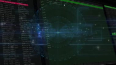 Güncelleme görüntülenirken, UI oluşumunu göstermek için görüntüleme kodunu ve HUD dokumasını izleyin. Teknoloji, yenilik, fütüristik, arayüz, veri, programlama, dijital sanat