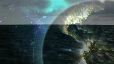 Nebula okyanus üzerinde parlayan dijital küre, haritaları döndürürken altın çizgileri veri akışını gösteriyor. Gelecek, teknoloji, ağ, dijital, bağlantı, boşluk, veri