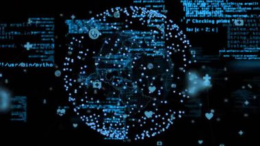 Koyu ekran açıcı düğümler sürgülü kod ve görselleştiren veri akışını simgeleyen simgeler. Teknoloji, ağ, siber alan, dijital, yenilik, bağlantı, siber güvenlik