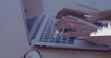 Bilgisayar, animasyon hattı, alan, ölçüm analizi için dünya haritası olan veri analisti. Üretkenlik, teknoloji, veri görselleştirme, analitik, iş, modern, profesyonel