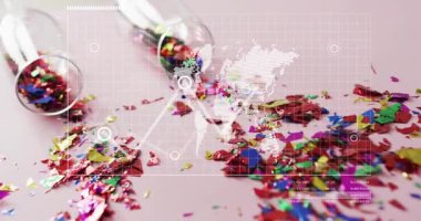 Viyal dökülen konfeti dünya haritası zayıflıyor, ağ hatları şekil değiştirip veri tablosuna dönüşüyor. Teknoloji, bağlantı, veri görselleştirme, küresel, iletişim, yenilik, dijital