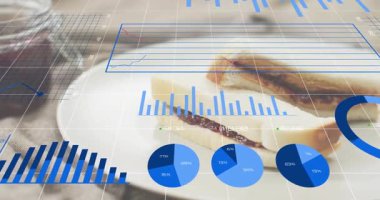 İçinde fıstık ezmeli sandviç bulunan tabaklar, ortaya çıkan şebeke örtüsü ve veri eğilimleri için çizelgeler. Analizler, veri görselleştirme, bilgi, iş zekası, dijital pazarlama, minimalist, yenilikçi