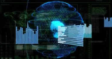 Arabirim parlayan 3 boyutlu küreyi gösterirken çubuk grafikleri veri içgörüsü için kaydırıyor ve döndürüyor. Futuristik, veri görselleştirme, teknoloji, analitik, dijital, soyut, hareket grafikleri