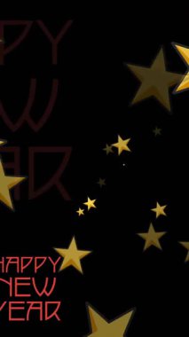 Yeni yılınız kutlu olsun. Siyah arka planda düşen altın yıldızların animasyonu. Kutlama, şenlik, selamlama, tatil, ışıltı, parıltı