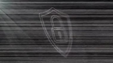 Arızalı arka plan titreşimli çizgiler, noktalı kalkan simgesi asma kilitle oluşturuluyor, güvenliği vurguluyor. Siber güvenlik, dijital, teknoloji, koruma, siber, soyut, ağ