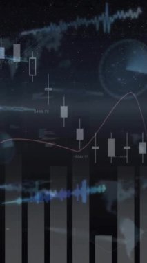 Siyah zemin üzerinde şema ve veri işleme animasyonları. Küresel iş ve şablon kavramı, dijital olarak üretilen video.