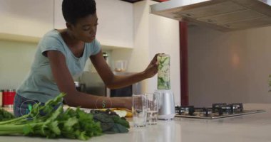 Kadın mutfaktaki üste blender kavanozunu hizalıyor, sağlık yararlarını vurgulayan ekolojik ikonlar üretiyor. Organik, sağlık, refah, sürdürülebilirlik, modern, yaşam tarzı, temiz