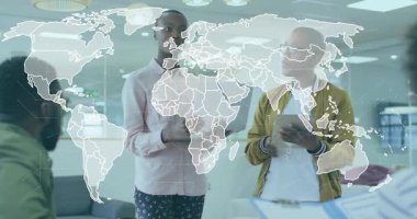 Presenters standing activating expanding world map forming tech network viz for briefing. Collaboration, innovation, technology, connectivity, teamwork, digital, professional