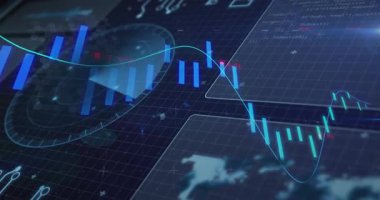 Kullanıcı arayüzü salınan şamdanlar yüklüyor, neon hattı grafiği trend içgörüsünü tarıyor. Teknoloji, analitik, veri, görselleştirme, dijital arayüz, yenilik