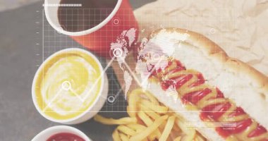 Gıda üzerinde şebeke yayılıyor, dünya haritası çöküyor, düğümler açılıyor, çizgiler akımı göstermek için canlanıyor. Fast food, dijital teknoloji, veri görselleştirme, küresel bağlantı, gündelik yemek, kentsel çevre, ağ oluşturma