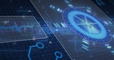 Canlı veri görüntüleme için dalgalanma oluştururken yarı saydam panel ölçek oluşturma işlemini başlatıyor. Teknoloji, veri görselleştirme, dijital arayüz, holografi, animasyon, fütüristik, analitik