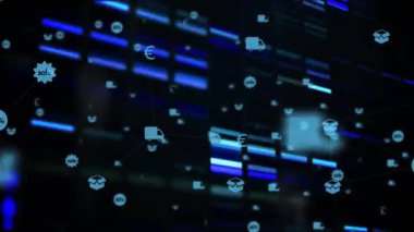 Başladıktan sonra, kamyon, kutu, yüzde 50, ikonlar yüzüyor, parlayan çubuklarda kayıyor satış verilerini gösteriyor. Teknoloji, veri görselleştirme, dijital arayüz, fütüristik, analitik, ağ, iş.