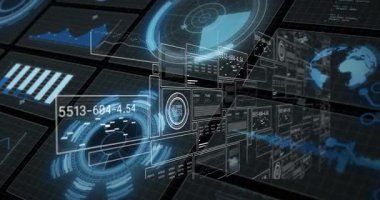 Başlangıçta, holografik arayüz atımı, kaydırma panelleri ve canlı verileri güncelleyen numaralar. Gelecekçi, holografik, arayüz, veri görselleştirme, teknoloji, sanal gerçeklik, dijital