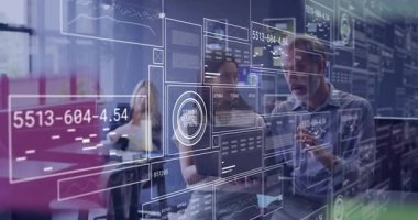 numeric readouts updating guiding woman adjusting PC man pointing at floating charts in business. Collaboration, innovation, data visualization, technology, professionalism, modern workspace, digital interface