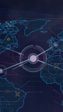 Dünya haritası üzerinde bağlantı ve veri işleme animasyonları. Küresel iş, finans, bilgisayar ve veri işleme kavramı dijital olarak oluşturulmuş video.