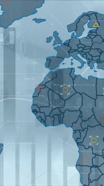 Mavi arka plandaki finansal veri işleme üzerinden dünya haritasının animasyonu. Dijital olarak oluşturulan küresel finansman, iş, bilgisayar ve dijital arayüz kavramı.