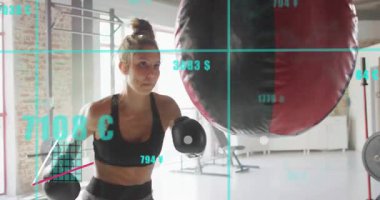 Female fitness enthusiast stepping forward and punching bag with animated metrics rising. Boxing, fitness, strength, training, digital, sport, urban