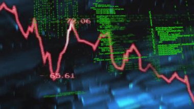 Kırmızı veri hattına 64 zigzag çizerek başlıyoruz. Canlı işleme için yeşil kod akıyor. Veri görselleştirme, dijital analiz, geleceksel arayüz, veri eğilimleri, siber teknoloji