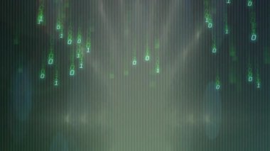 İkili kod akışları arka plandan aşağı düşüyor, daha yoğun yağmura doğru çağlayarak veri akışını görselleştiriyor. Siber uzay, dijital, teknoloji, veri, fütüristik, soyut, yenilik