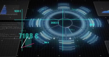 Görünen sayısal değerler üzerinde, veri eğilimlerini gösteren HUD arayüz canlandırma çubuğu çizelgelerini döndürerek. Fütüristik, veri görselleştirme, analitik, arayüz, teknoloji, dijital, bilgi