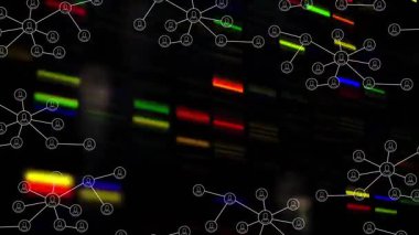 Renkli çubukları ve düğümleri gösteren açık çerçeve ortaya çıkan kaydırma darbelerini gösteren genetik kodu görselleştiren. Teknoloji, veri, dijital, soyut, bağlantı, yenilik, ağ