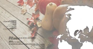 Solda görünen kod üzerine, beyaz 3D küre içeri kayıyor, hasat maddelerinin üzerinde dönüyor, veri akışını gösteriyor. Teknoloji, küresel, sonbahar, veri, ağ, dijital, bağlantı