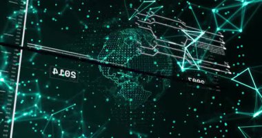 Yıl etiketleri güncelleme ve ağ canlandırması yaparken çapraz çizgi dönen dünyayı süpürerek giriyor. Gelecek, teknoloji, görselleştirme, siber alan, veri, animasyon, dijital