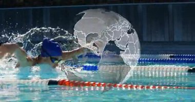 Yüzücü başını kaldırıyor ve nefes alıp veriyor. 3 boyutlu dünya grafiği ve spor analitiğini gösteriyor. Sporcu, performans, hareket, su, teknoloji, yenilik, dinamik