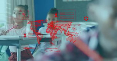 Kırmızı kırma simgeleriyle yazı yazan bir eğitim öğrencisiyim. Üst üste dizilmiş, nabız yoklayan, el kaldıran insanlar. Sınıf, öğrenciler, öğrenme, teknoloji, yenilik, takım çalışması, konsantrasyon