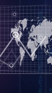 Animation of interface with statistical and stock market data processing on blue background. Global economy and business data technology concept