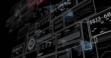 Izgara solma başlatılıyor paneller kodlarla dolduruluyor, grafikler patlıyor, veri gösteren parçacıklar. Teknoloji, gelecekçilik, dijital, veri, görselleştirme, yenilik, analitik