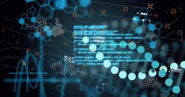 Sürüklenen kod düğümleriyle açılıyor ve biyo-görselleştirme için turkuaz sarmal titreşim oluşturuyor. Soyut, biyoteknoloji, geleceksel, dijital, yenilik, bilim, teknoloji