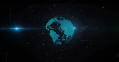 Çizgiler dünya üzerinde akıyor, yüzen kod ve semboller ağı görselleştirirken siyah üzerinde dönüyorlar. Teknoloji, siber uzay, veri, dijital, ağ, fütürist, kod