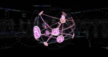 Başlangıçta, veri akışını görselleştirmek için düğümler ve kaydırma kodları döndürülürken morumsu küre döner. Fütürist, dijital, ağ, soyut, teknoloji, görselleştirme, siber uzay