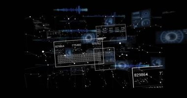 Ağ düğümleri şekil değiştiriyor, UI panellerinin küçülmesine ve analiz için veri değerlerini güncellemesine neden oluyor. Teknoloji, veri, görselleştirme, dijital, fütüristik, arayüz, analiz